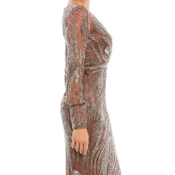 MAC DUGGAL BEADED LONG SLEEVE WRAP OVER MIDI MOCHA DRESS sz 14 - Picture 2 of 7